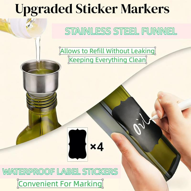 2Pc/17Oz Glass Olive Oil Bottle Dispenser - 500Ml Green Oil and Vinegar Cruet with Pourers and Funnel - Olive Oil Carafe Decanter for Kitchen