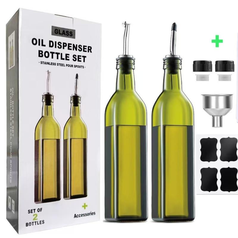 2Pc/17Oz Glass Olive Oil Bottle Dispenser - 500Ml Green Oil and Vinegar Cruet with Pourers and Funnel - Olive Oil Carafe Decanter for Kitchen