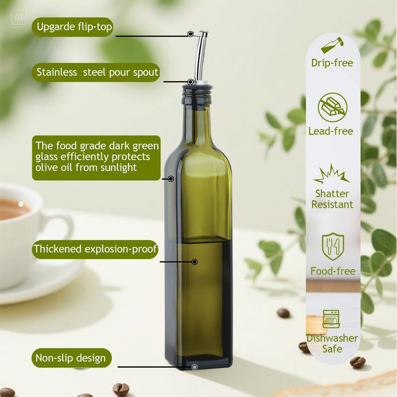 2Pc/17Oz Glass Olive Oil Bottle Dispenser - 500Ml Green Oil and Vinegar Cruet with Pourers and Funnel - Olive Oil Carafe Decanter for Kitchen