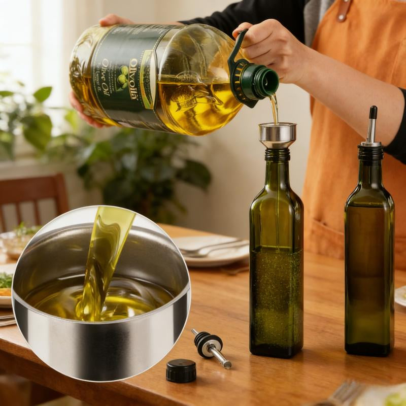 2Pc/17Oz Glass Olive Oil Bottle Dispenser - 500Ml Green Oil and Vinegar Cruet with Pourers and Funnel - Olive Oil Carafe Decanter for Kitchen
