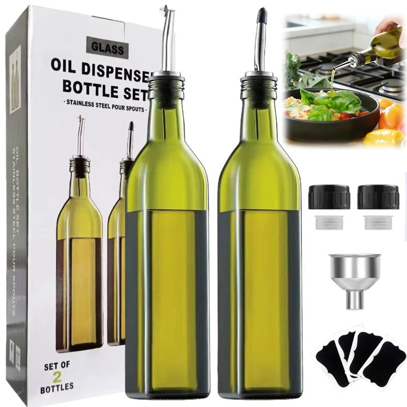 2Pc/17Oz Glass Olive Oil Bottle Dispenser - 500Ml Green Oil and Vinegar Cruet with Pourers and Funnel - Olive Oil Carafe Decanter for Kitchen
